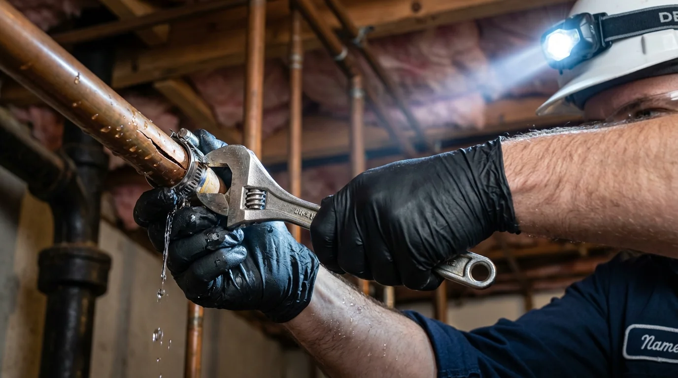 Emergency pipe clamp repair being performed by a Johns Plumbing LLC plumber in Morristown