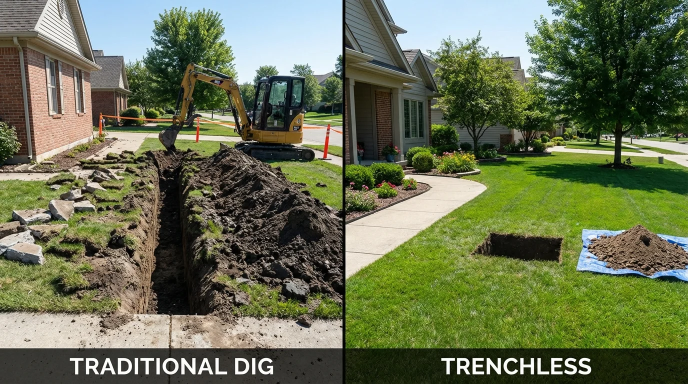Trenchless sewer repair with minimal yard damage versus traditional excavation in Morristown, IN