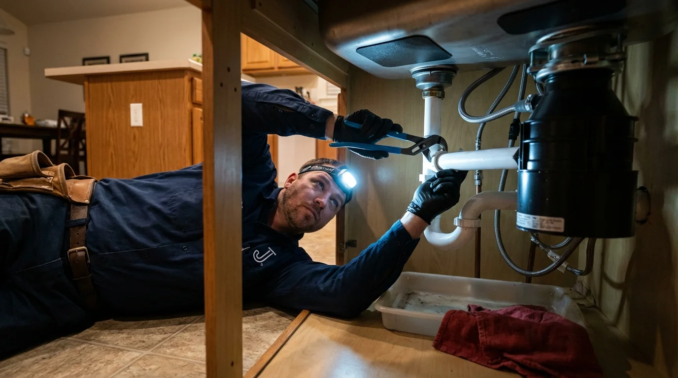 P-trap and supply line connections under a kitchen sink showing a common leak point in Morristown, IN
